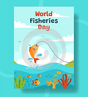 Fisheries Day Vertical Poster Illustration Flat Cartoon Hand Drawn Templates Background