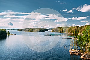 Fisheries, Fish Farm In Summer Lake Or River In Beautiful Summer Sunny Day. Swedish Nature, Sweden