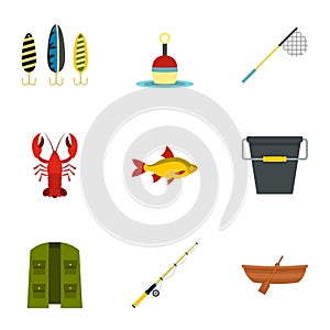 Fisheries icons set, flat style