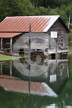 Fisheries shed with reflection in water at Sointula, Malcolm Island