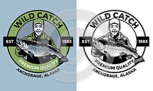 Fisherman badge design hold the salmon fish