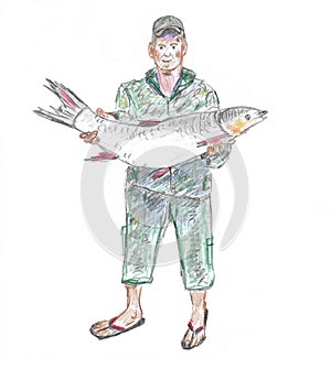 A fisherman in a black and green suit, cap and slates, holding a large fish, illustratio