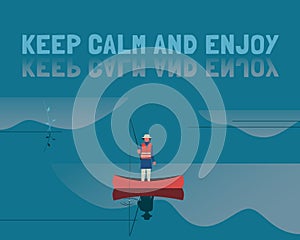 Fisherman in boat on calm water flat color vector