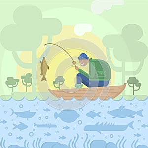 Fisherman in boat and fishes