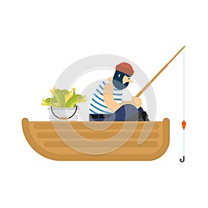 Fisherman on boat fishing. Fishing rod and Fish. Vector illustration