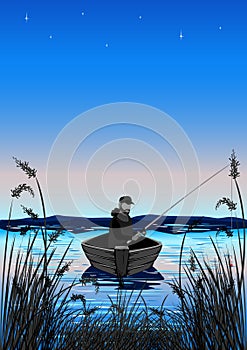 Fisherman in a boat is fishing in the reeds