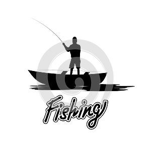 Fisherman in a boat with a fishing rod on a white background. Fishing logo.