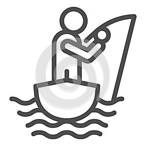 Fisherman on the boat line icon. Fisherman with fishing rod vector illustration isolated on white. Man fishing outline