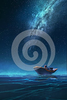 Fisherman in a boat at night under the Milky way