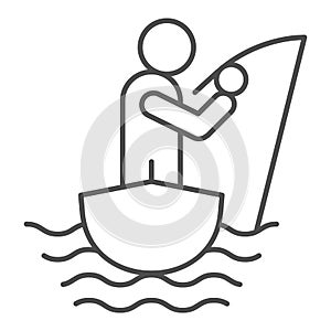 Fisherman on the boat thin line icon. Fisherman with fishing rod vector illustration isolated on white. Man fishing
