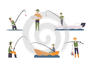 Fisherman in Boots with Fishing Rod Angling Engaged in Leisure Activity Vector Set