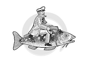 Fisherman captain riding fish sketch vector