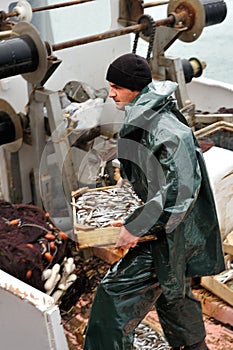 Fisherman carrying box with fish