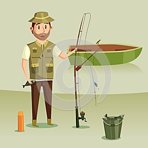 Fisherman with catch of crucian in bucket, rod or spinning with reel and angle or hook, float or bobber.