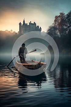 fisherman catches fish on the lake in a boat, fog on the lake. on the background of the castle