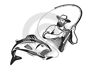 Fisherman catches fish on spinning rod. Fishing logo or symbol. Outdoor recreation vector illustration isolated