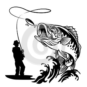 Fisherman catching the big bass fish in black and white style photo