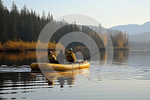 Fisherman catching fish on inflatable boat with copy space, outdoor angling hobby