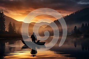 Fisherman catching fish on inflatable boat with copy space, outdoor angling hobby