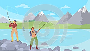 Fisherman catching fish at mountain river bank
