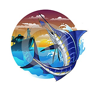 Fisherman Catching Marlin jumping out of water in a Circle Frame