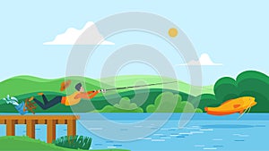 Fisherman caught big fish with fishing rod in river summer landscape, comic situation photo