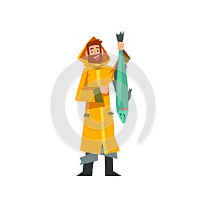 Fisherman Caught Big Fish, Fishman Character in Raincoat and Rubber Boots Vector Illustration