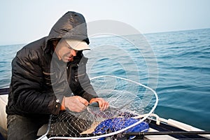 Fisherman caught a big salmon in the sea