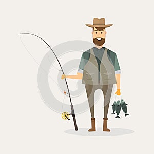 Fisherman character holding a big fish and a fishing rod with la