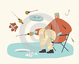 Fisherman Character in Warm Clothes and Earflaps Hat Sitting with Rod on Chair Having Good Catch on Ice Floe in Sea