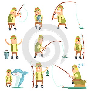 Fisherman In Different Funny Situations Set Of Illustrations