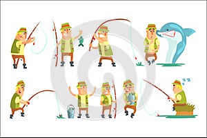Fisherman In Different Funny Situations Set Of Illustrations