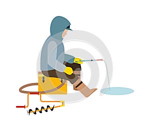 Fisherman enjoying days winter fishing on ice sport lake snow leisure vector illustration.