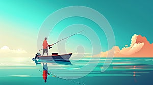 fisherman with a fish on blue sea background.