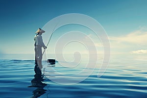 fisherman with a fish on blue sea background.