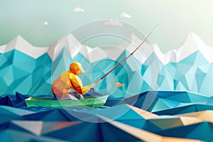 fisherman with a fish on blue sea background.