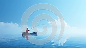 Fisherman with a fish on blue sea background.