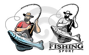 Fisherman with fish emblem. Sport fishing, angling logo. Vector illustration isolated on white background