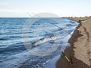 Fisherman fishes early in the morning on the shore. Fishing rod and spinning. Camping.