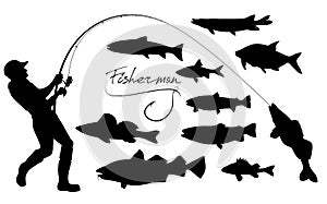 Fisherman and fishes silhouettes