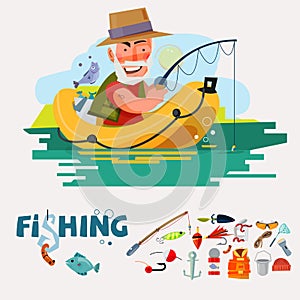 fisherman fishing on the boat with fishing equipment. fishery icon set. graphic element. typographic design .character design. -