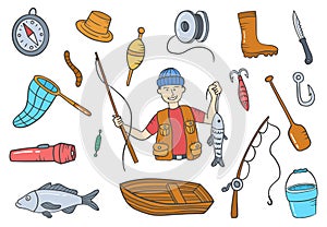 Fisherman or fishing jobs profession doodle hand drawn set collections with flat outline style