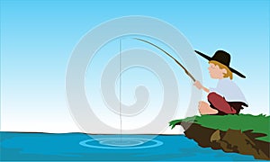 Fisherman fishing in the lake vector