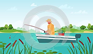 Fisherman fishing. Man in boat with fishing rod waiting nibble fish, relaxation hobby outdoor summer landscape cartoon