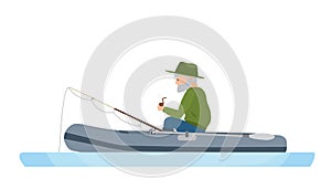 Fisherman is fishing in middle of river, in rubber boat.