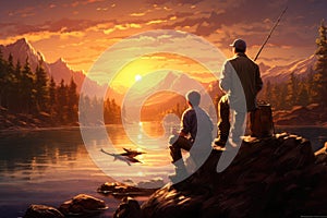 Fisherman with fishing rod on the background of mountains and sunset, Family dad and two sons are fishing at sunset, AI Generated