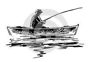 A fisherman with a fishing rod in the boat. Waves and Reflection. Sketch. Outline hand drawing. Isolated vector object on white