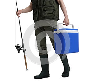 Fisherman with fishing rod and cool box isolated on white, closeup