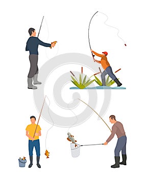 Fisherman with fishing rod and fish vector sketch