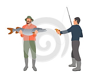 Fisherman with fishing rod and fish vector sketch